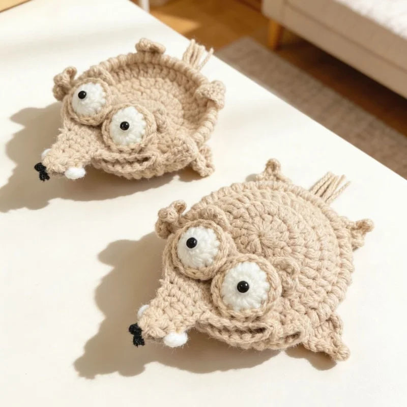 1PC Home decor; Coaster; Heat pad; Squirrel shape; Creative desktop ornament; Hand-woven handicraft; Crochet yarn product.
