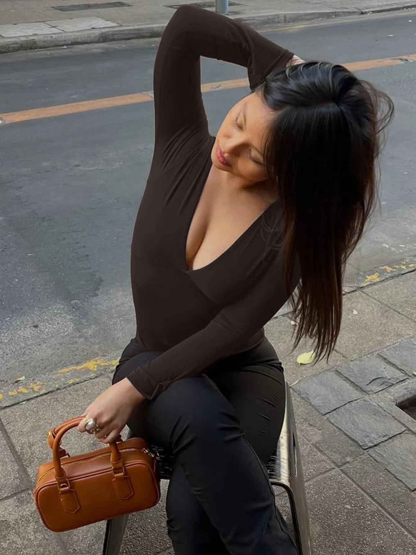 Dulzura Autumn Solid Sexy V-Neck Long Sleeves Slim Fit T-Shirt Women'S Casual Versatile Y2K Top Party Club Street Style Clothes