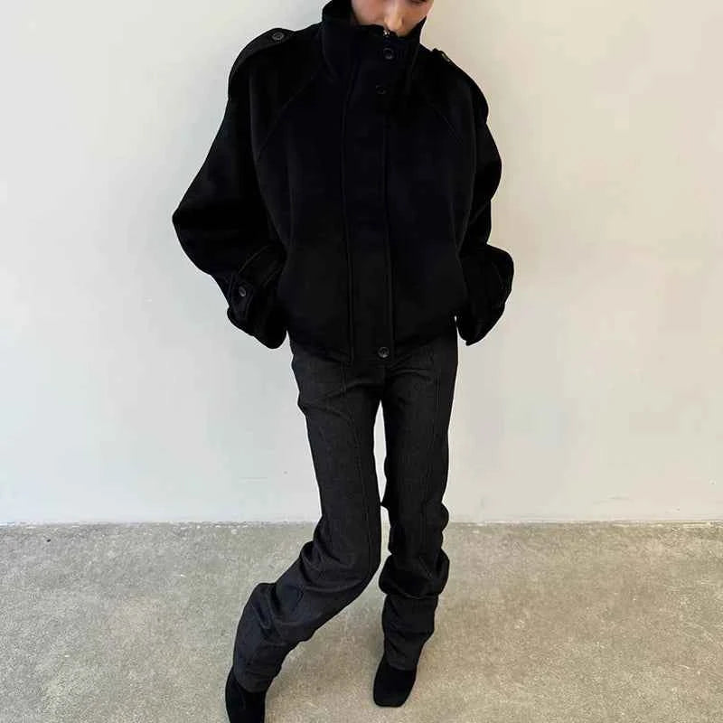 Elegant Women's Short Woolen Coats Stand Collar Double Breasted Long Sleeve Female Jacket 2025 Autumn Winter Lady Warm Outwear