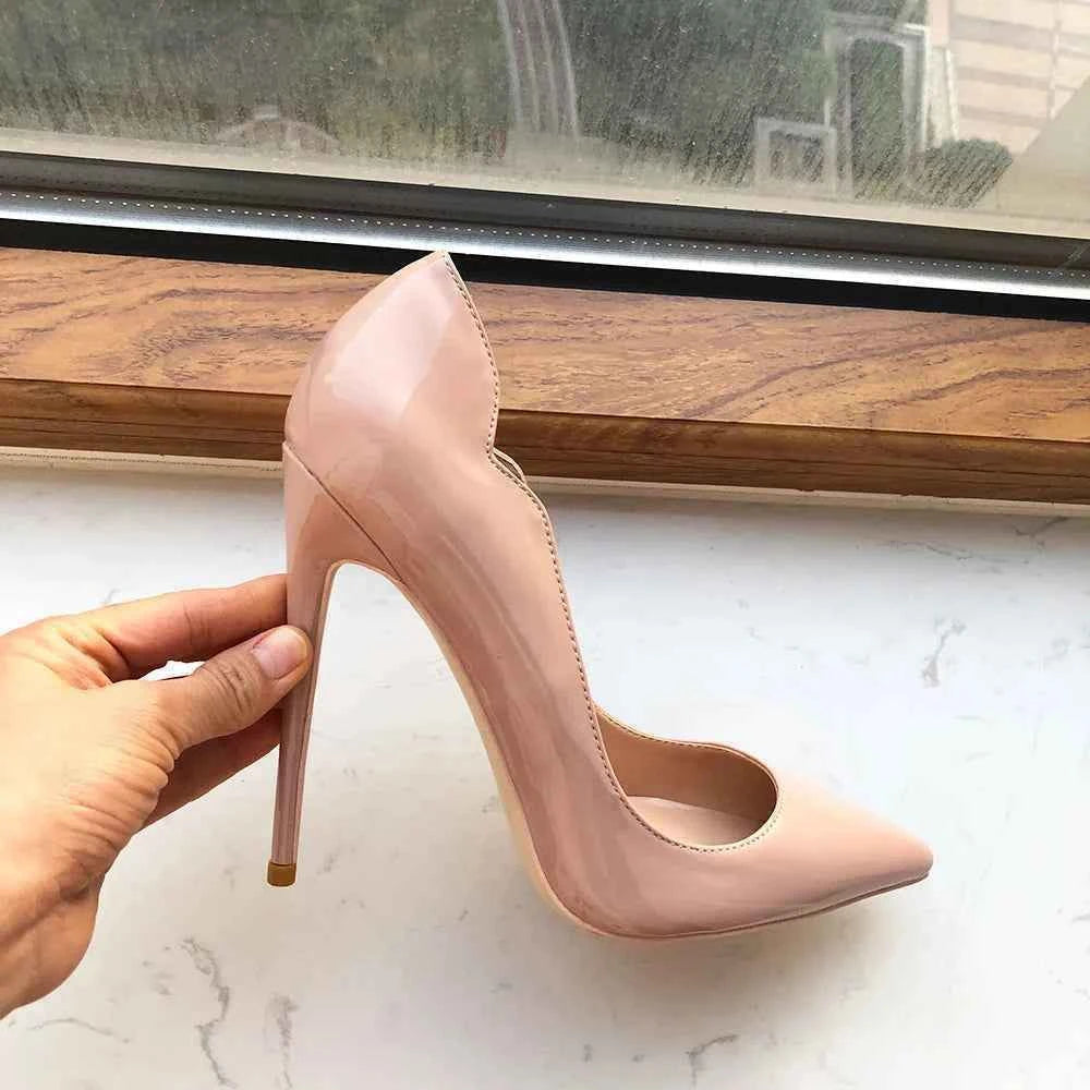 Tikicup Solid Nude Patent Women Pointy Toe Stiletto High Heels Slip On OL Wedding Party Dress Shoes Elegant Ladies Formal Pumps