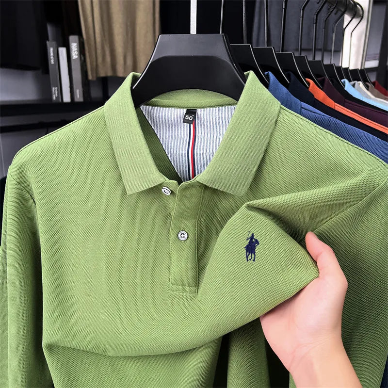 100% cotton high-end brand long sleeve polo shirt new Paul pony embroidery luxury comfort men's business leisure lapel T-shirt