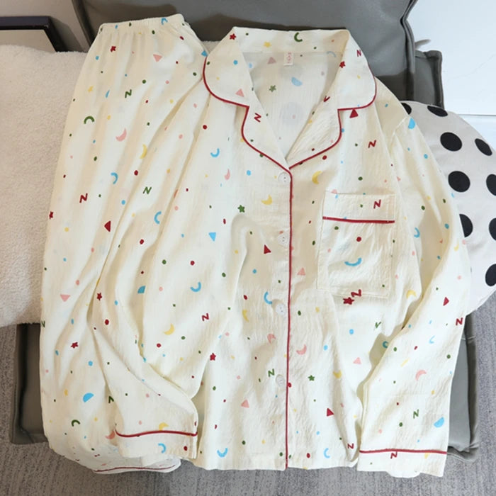 Print Flower Soft Thin Women's Pajama Set Autumn New Casual 2 Pieces Pajama Set Full Length Sleepwear for Sleeping Home Suits