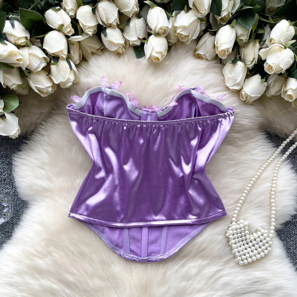 SINGREINY 3D Butterfly Satin Sexy Top European Sleeveless Fishbone Corset 2024 Female Senior Streetwear Hotsweet Strapless