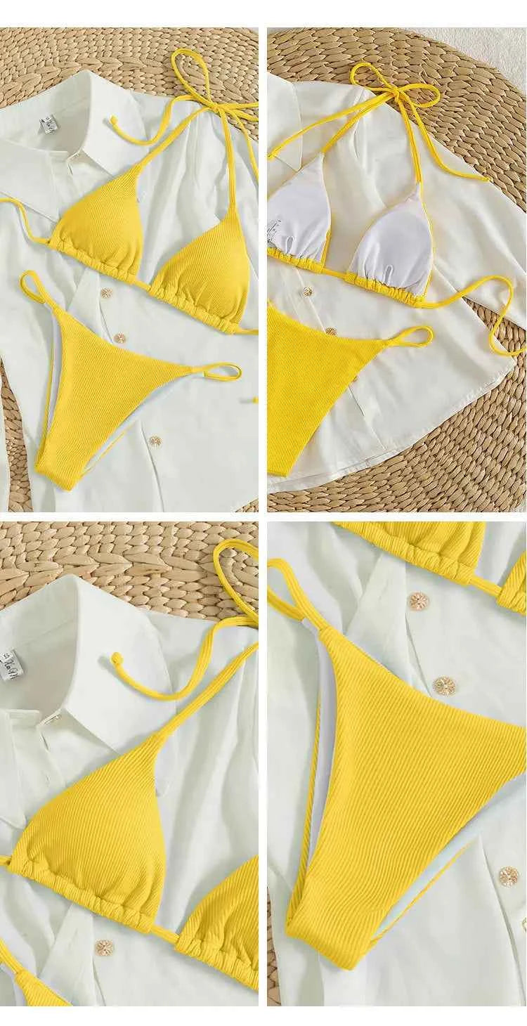 2025 Special Pit Stripe Fabric Bikini Set Women Sexy Simple Solid Halter Bikini Swimsuit High Waisted Lace Up Beach Bathing Suit