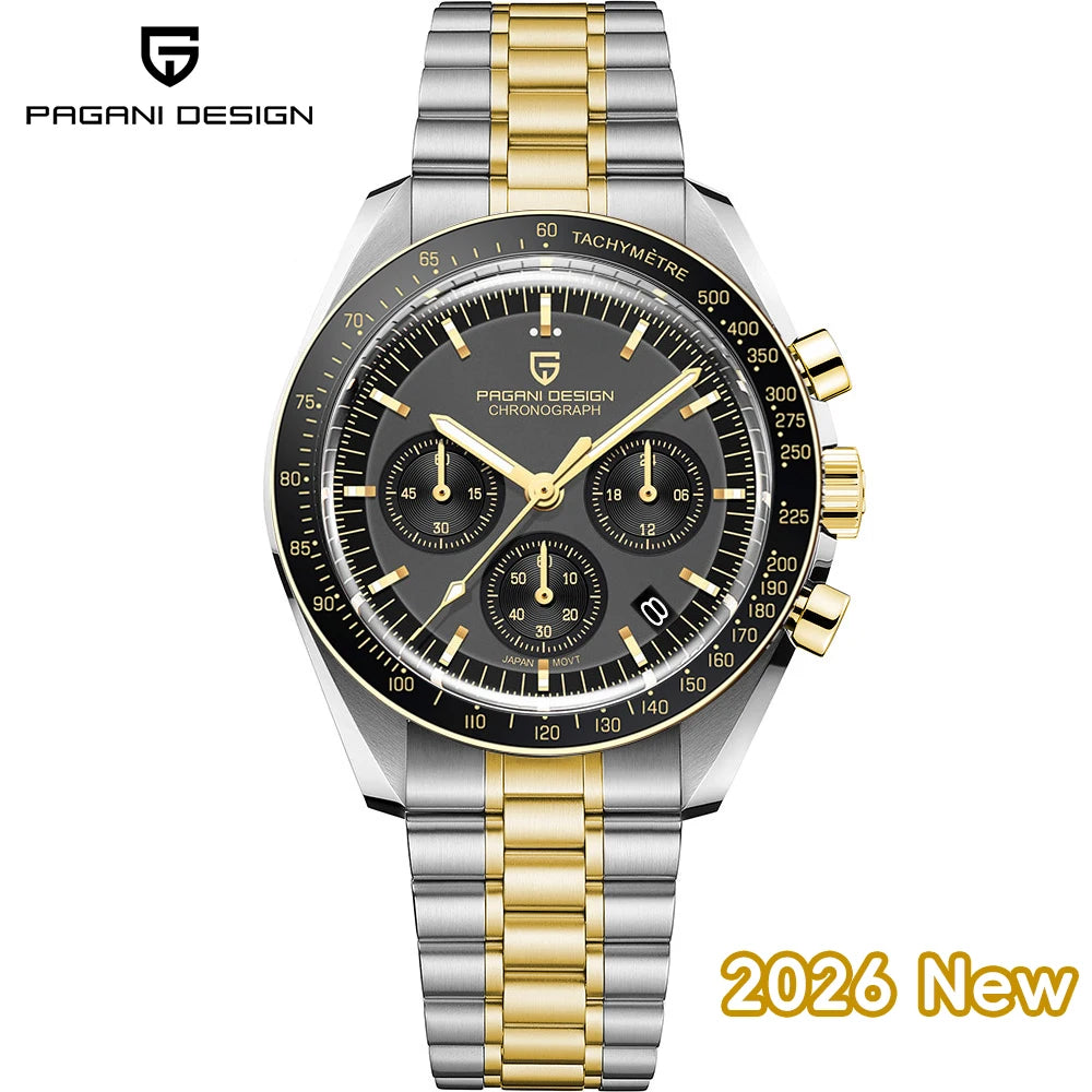 Silver Gold Black Color Men's Chronograph Quartz Watch With Sapphire Crystal