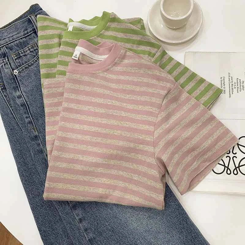 Summer Short Sleeve Striped T-Shirts Versatile Women Knitted Basic Casual Tops Female Cozy Loose Cotton Tees 2023 Harajuku Shirt