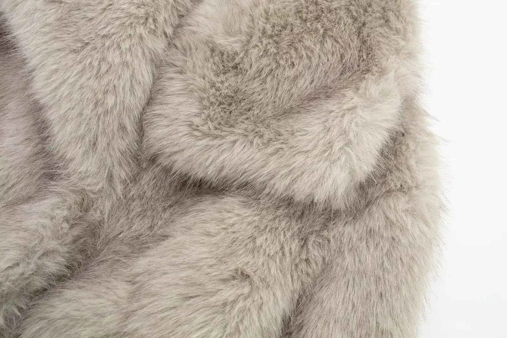 HH Women Fashion Cropped Faux Fur Jacket Coat Long Sleeve Front Snap-button Female Outerwear Chic Lapel Collar Thick Coat