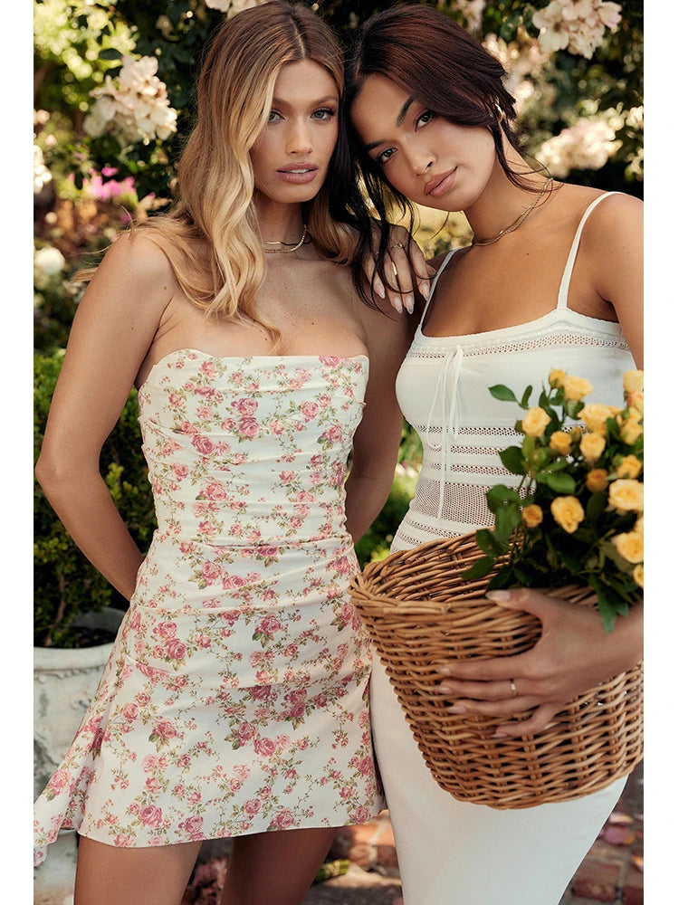 Floral Printing Satin Dress Sexy Bodycon Night Birthday Party Dresses Strapless Ruched Mini Holiday Women Dress 2022 Summer