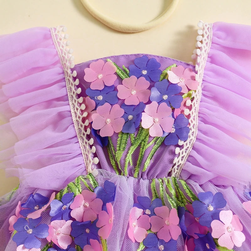 Baby Girl Princess Romper Dress Cute Summer Ruffle Sleeveless 3D Flower Tulle Tutu Rompers with Headband 2Pieces Infants Outfits