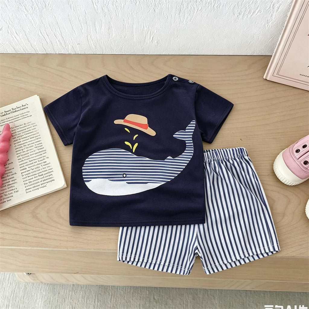 Boys Trendy Costume Printed T-shirt+Shorts Casual Sports Wear Cartoon Tees All-match Shorts Two Piece Set Toddler Clothing