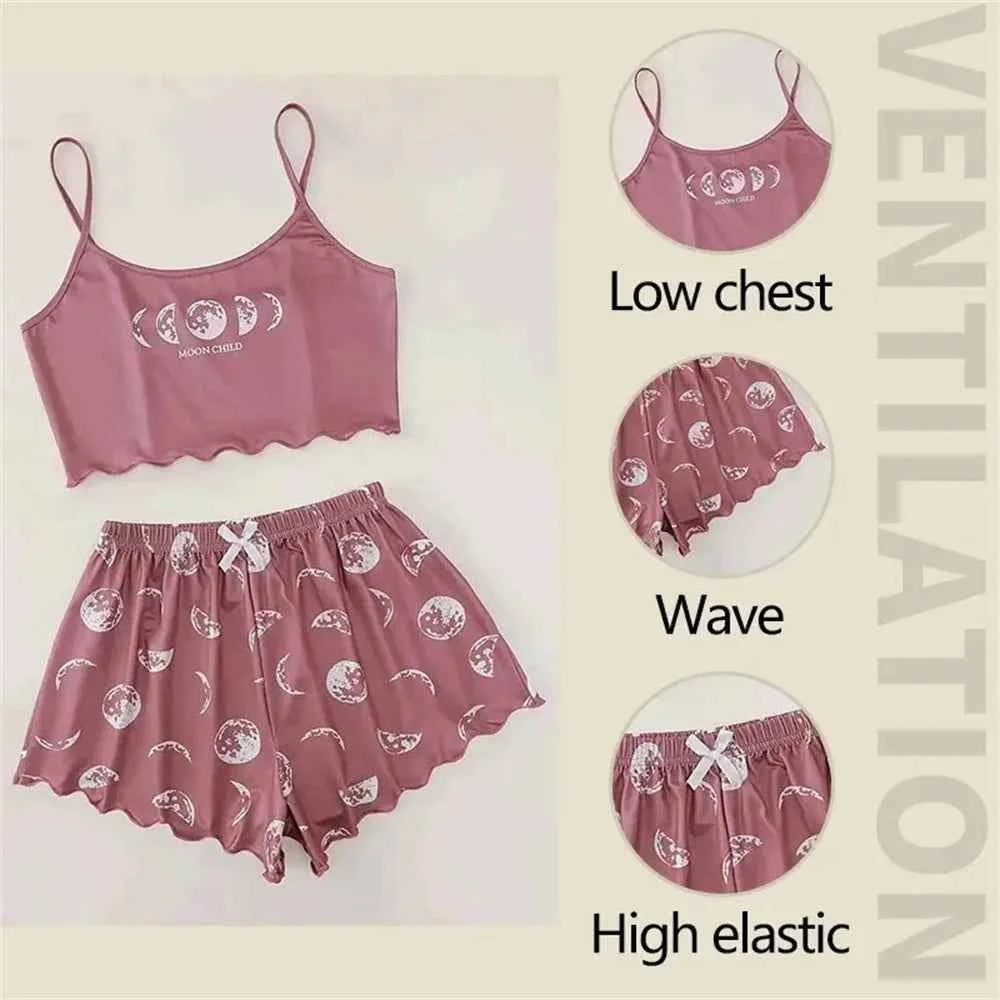 Women Pajamas Sleepwear Pajama Set Sports Camisole And Shorts Pink Moon And Planet Print Summer Soft Comfortabl Casual
