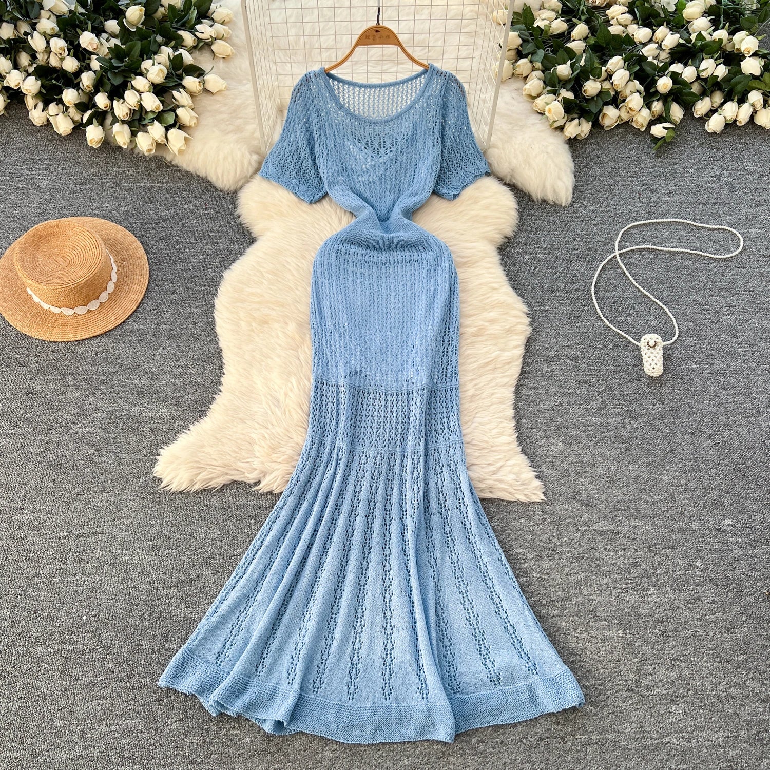 Women Hollow Knitted Dress Summer Flower Short Sleeved Fishtail Bodycon Dress with Camisole Dresses Vintage Party Long Robe