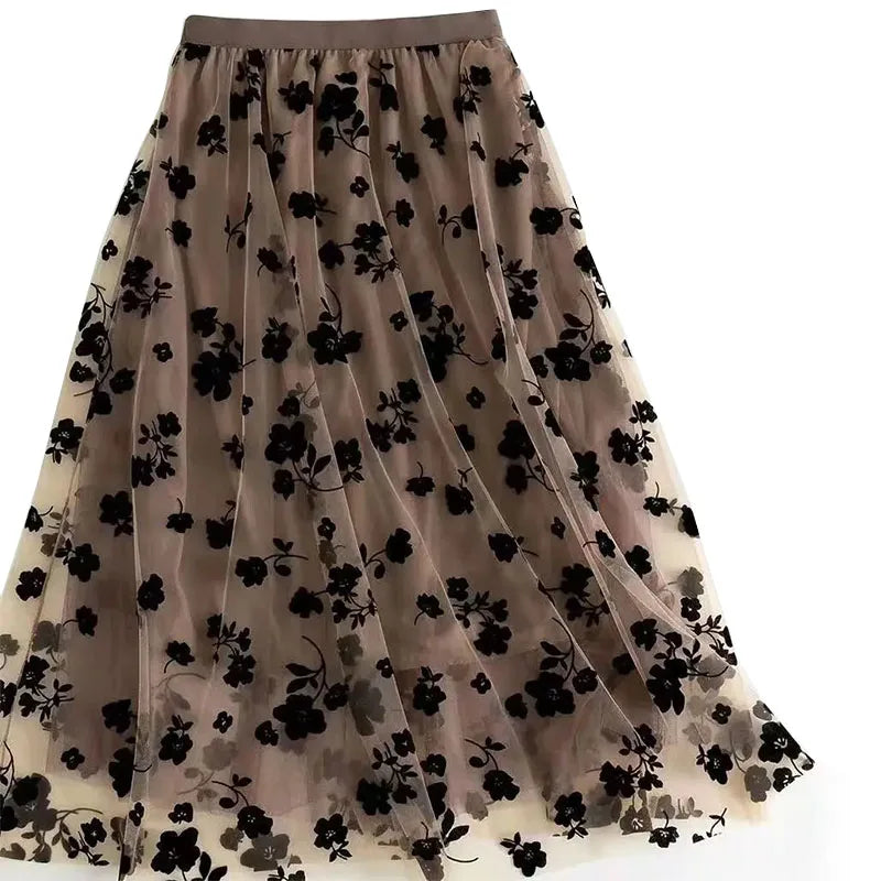 Gauze skirt floral half fairy skirt spring and summer new pleated A-line skirt in the long high waist thin gauze skirt