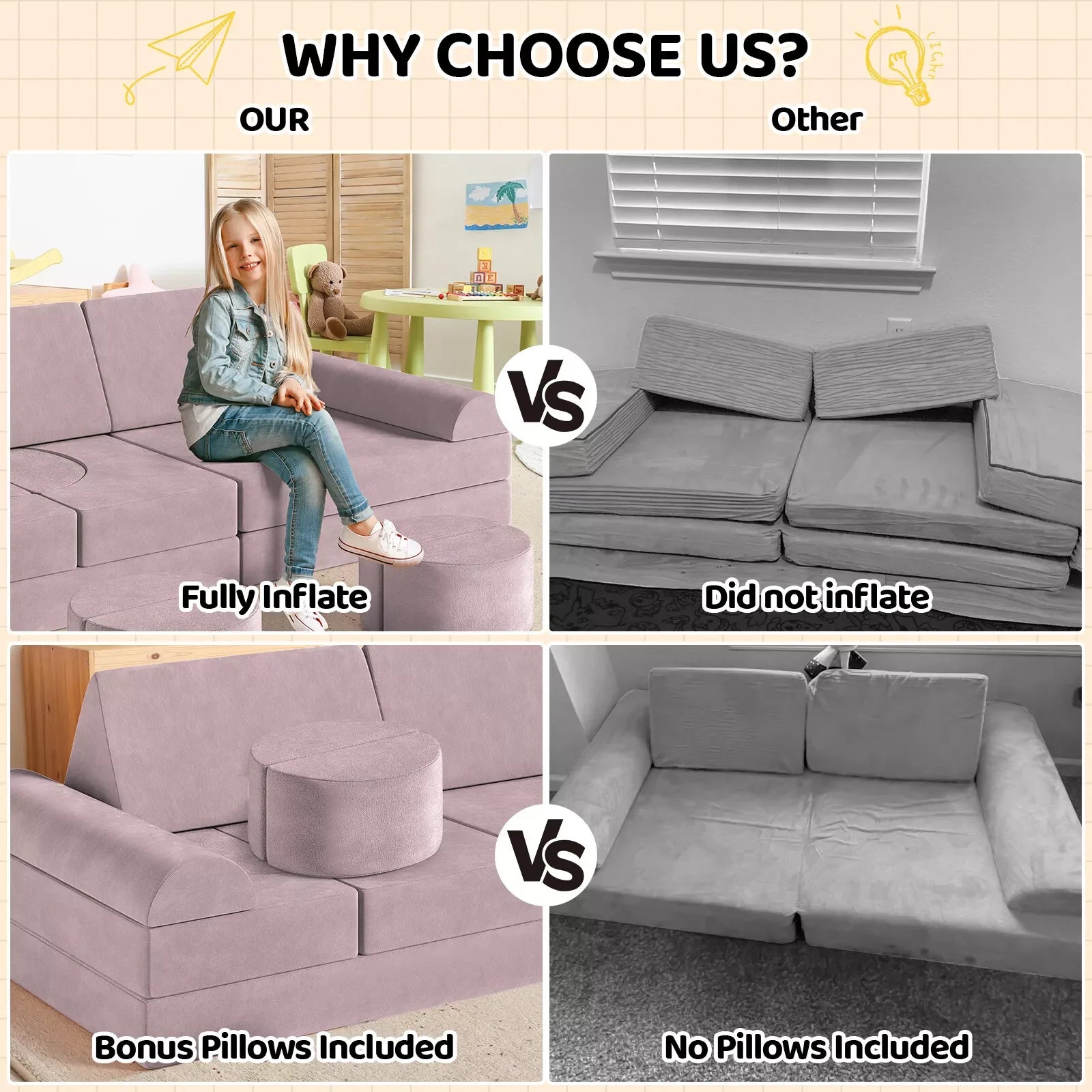 Modular Kids Play Couch,Child Sectional Sofa,Fortplay Bedroom and Playroom Furniture for Toddlers,Convertible Foam&Floor Cushion