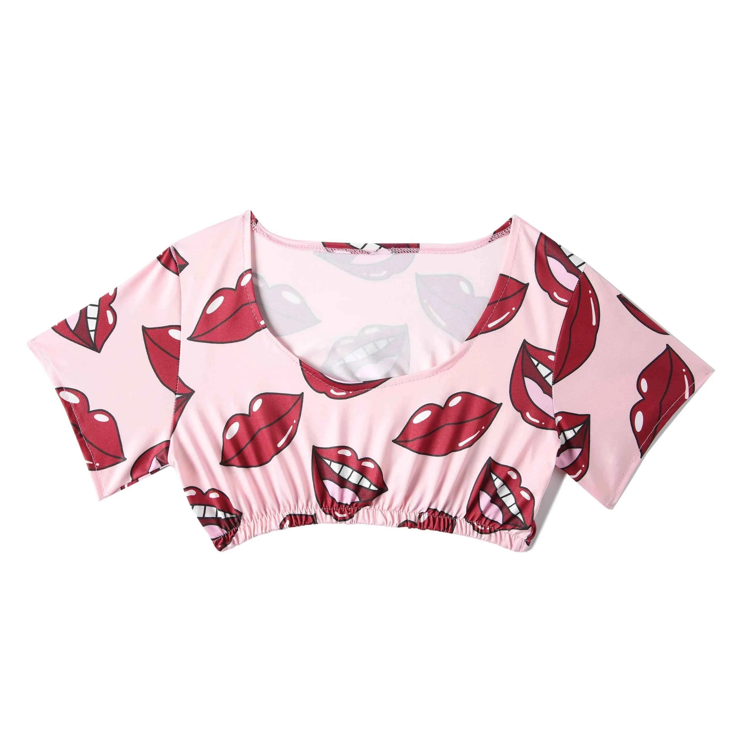 Summer Short Sexy Casual Lips Print Female Sleepwear Suit Pajamas 2pcs Top+Pants Skinng Women Homewear Underwear