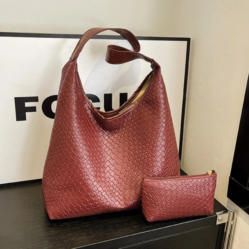 Women's Retro Artificial Leather Woven Pattern Shoulder Bag,Large Capacity Tote Bag,Casual Armpit Bag, Large Tote Bag,Daily Work