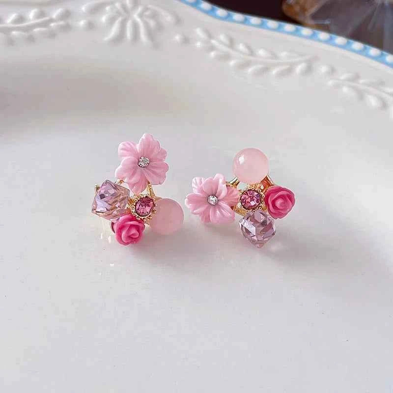 Colorful Flower Earrings Imitation Pearl Geometric Stud Earrings For Women Sweet Elegant Earrings For Party Banquet Jewelry Gift