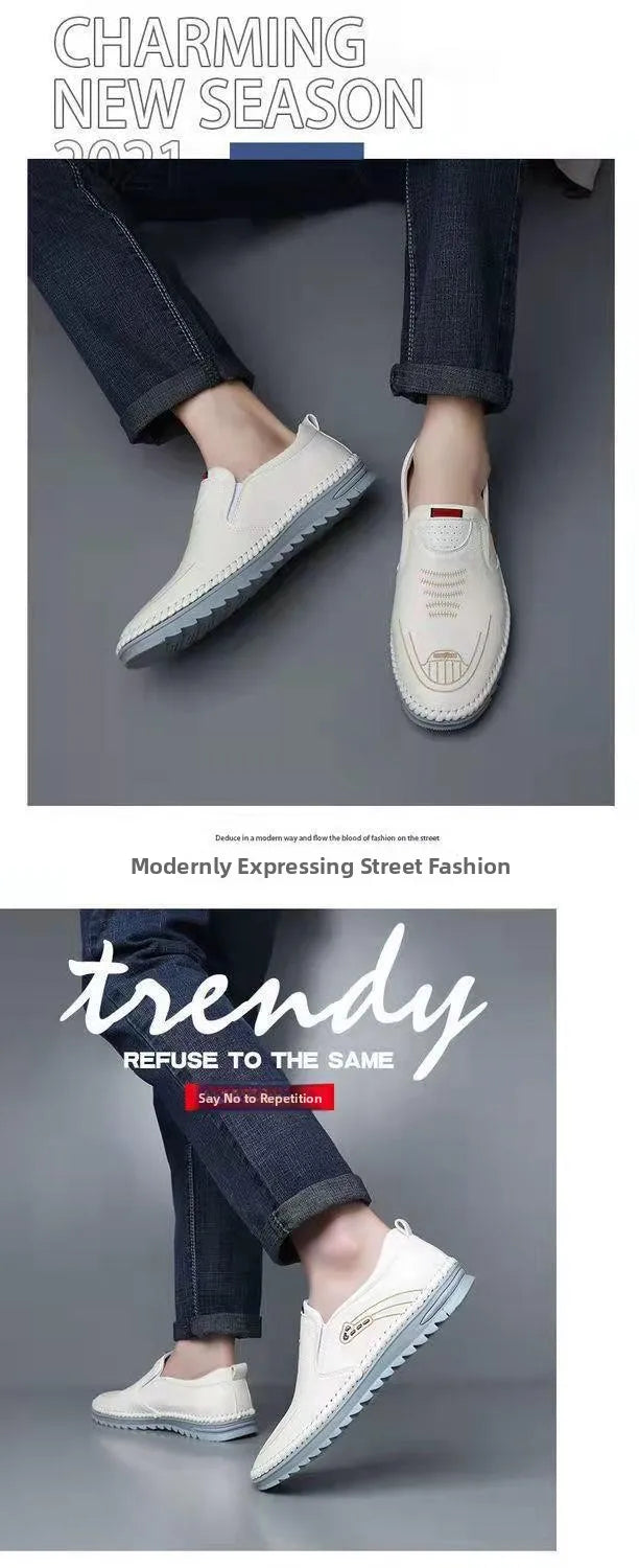 Fashionable Soft Leather Men's Shoes Wear-Resistant Bean Bean Shoes Breathable round Toe Flat Heel Casual Shoes for Spring
