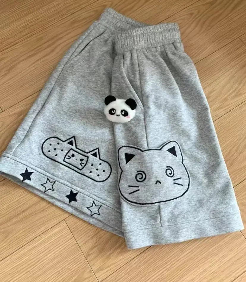 HOUZHOU Japanese Style Kawaii Women Shorts Cute Anime Cat Embroidery Short Pants Sweet Soft Girl Wide Leg Shorts Preppy Casual