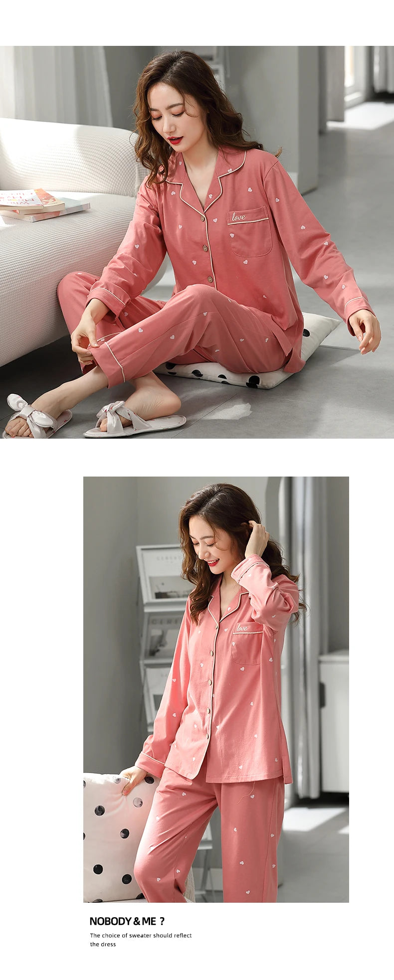 Cotton Pajamas Large Size Autumn Winter Long-Sleeved Home Wear Night Wear Woman Sexy Cardigan Love Pink Large Square Sleepwear