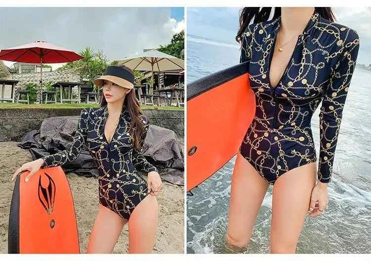 Style Diving Sun Protection Long-sleeved One-piece Ins Slimming Belly-covering Conservative Swimsuit for Women Jellyfish Suit