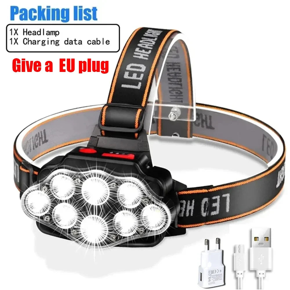 USB Rechargeable Headlamp High Lumen Bright Head Lamp with 8 LED Headlight 4 Mode IPX4 Waterproof Head Flashlight Head Light