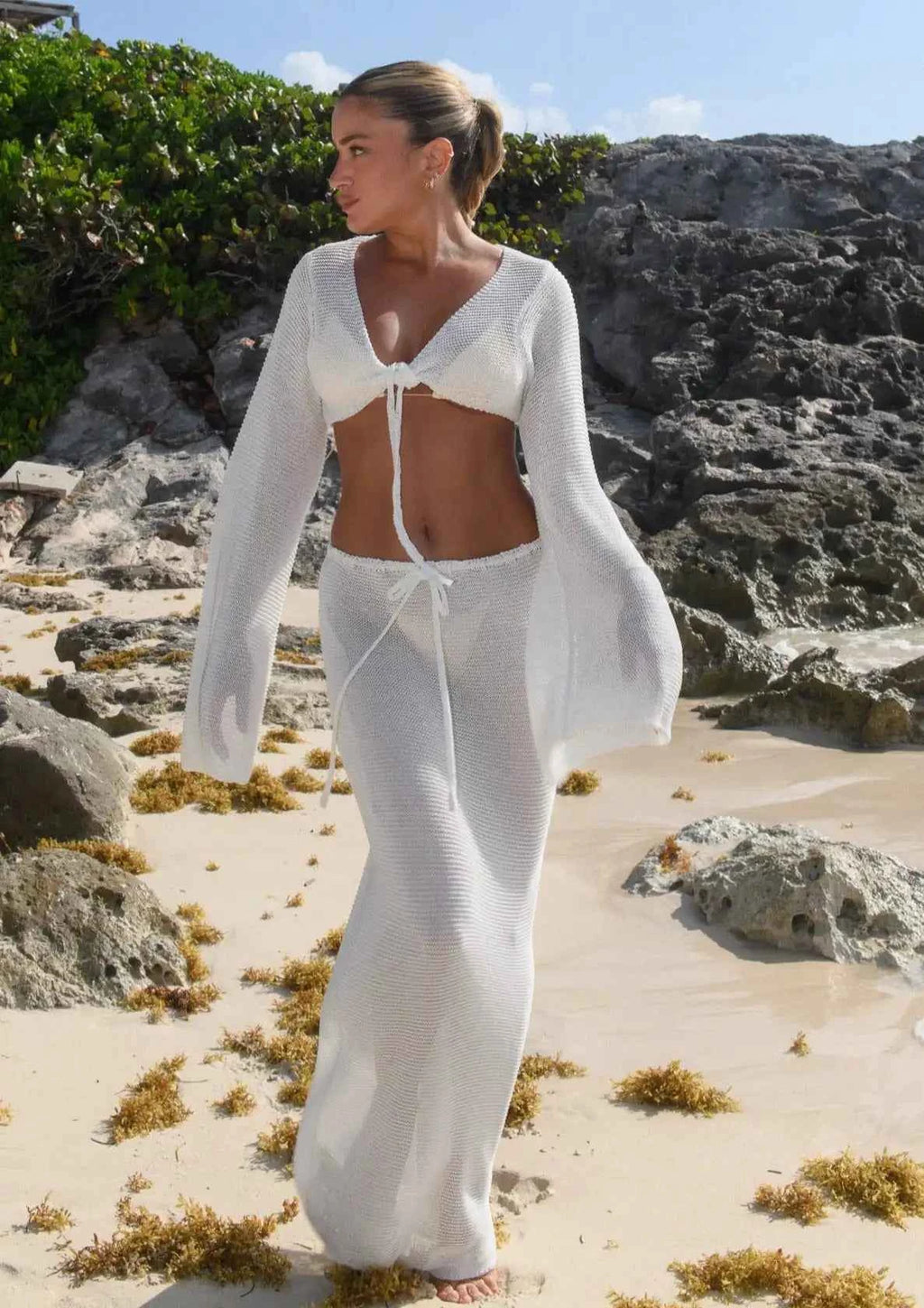Solid Colour Sexy Beachwear Swimsuit Cover Up Knit Two-piece 2026 Summer Women's Big Bell Sleeve Lace-up Top Long Skirt Set K128