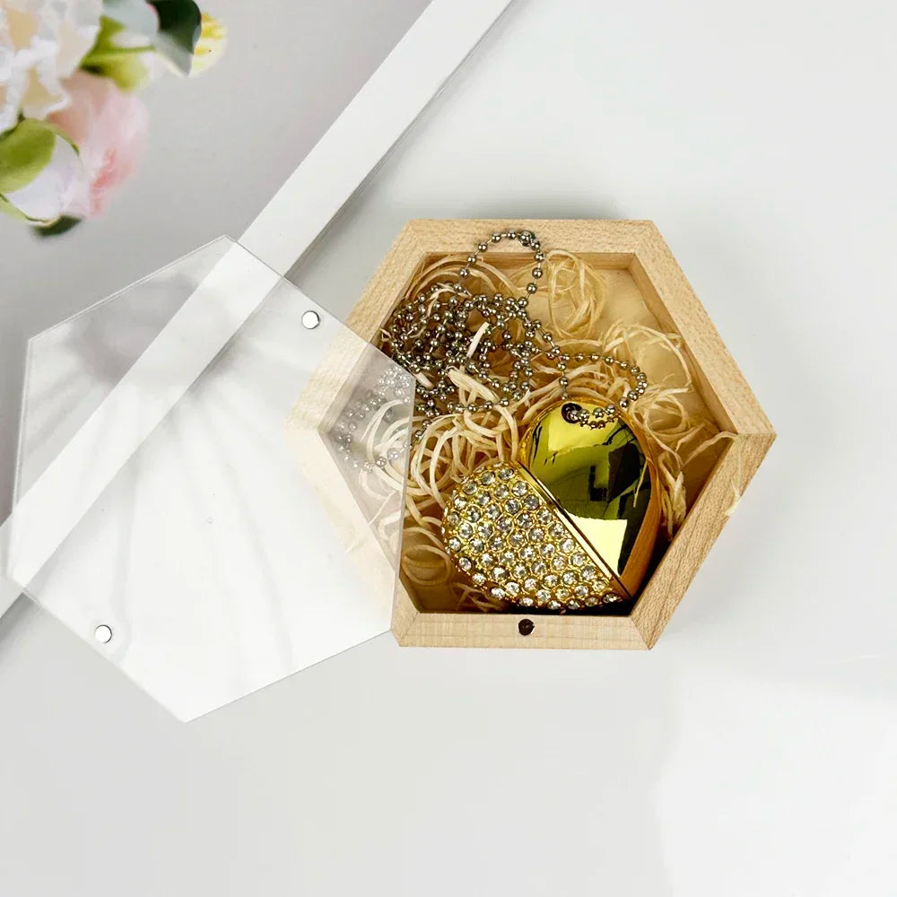 1PCS Creative Acrylic Board Hexagon Box Natural Wood Storage Wooden Box for Necklace Ring Gift Wooden Jewelry Organizer Cases