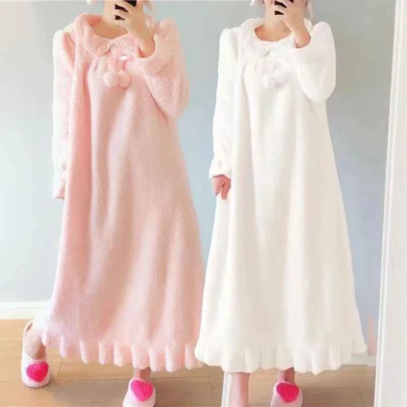 2025 Winter Long Sleeve Thick Warm Flannel Nightgowns for Women Korean Cute Coral Fleece Sleepwear Night Dress Nightdress Nighty