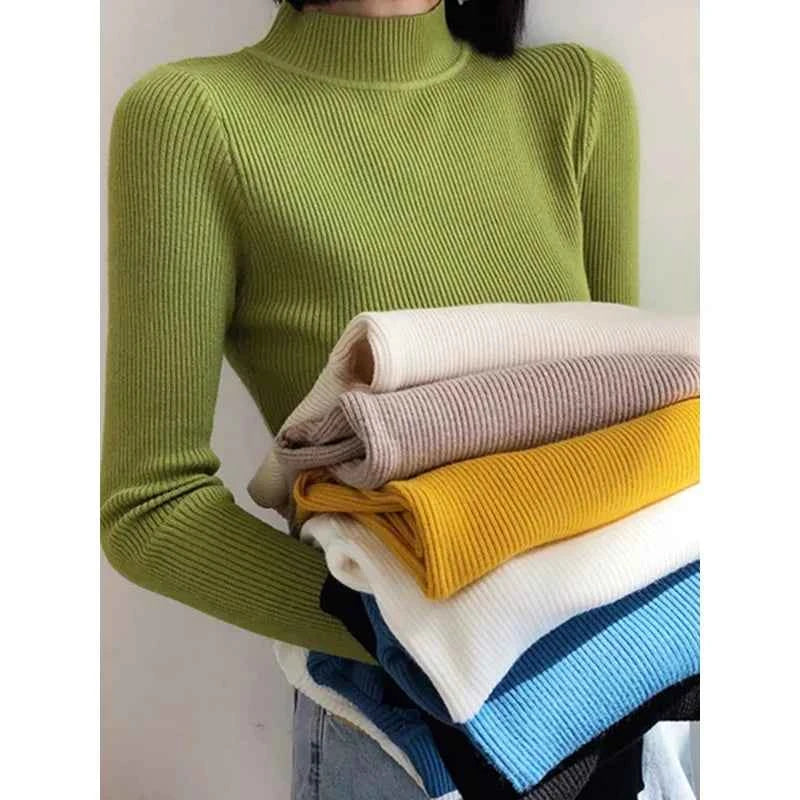 Autumn Winter Mock Neck Women Sweater Vintage Basic Solid Knitted Tops Casual Slim Pullover Korean Sweaters Simple Chic Jumpers