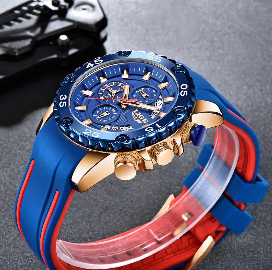 New Blue Watch LIGE Mens Watches Top Brand Luxury Big Dial Military Clock Quartz Watch Waterproof Sport Chronograph Erkek Saati