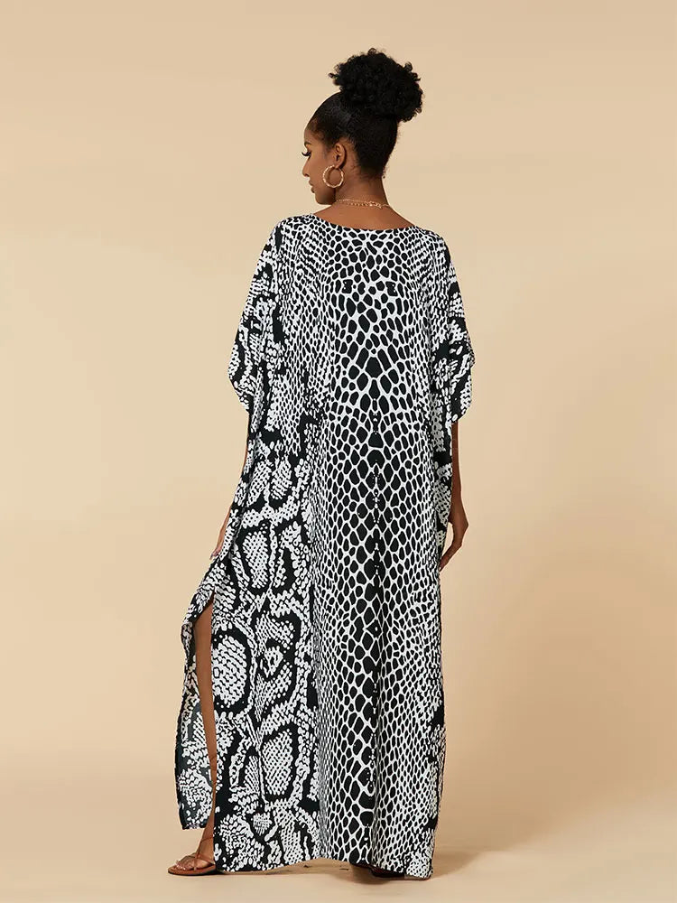 EDOLYNSA 2023 Bohemian Printed Loose Kaftan Casual Summer Vacation Maxi Dress Women Clothing Beach Wear Swim Suit Cover Up Q1469