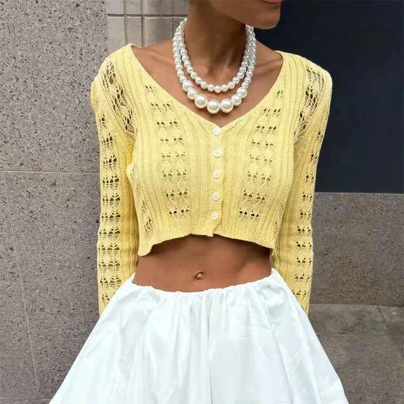 Trendix Summer Knit Long Sleeve Cardigan For Women V Neck Solid Bodycon Hollow Out Short Tops Party Club Slim Vacation Top Femme