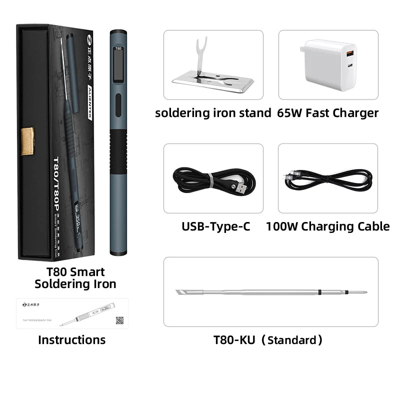ALIENTEK T80/T80P Electric Soldering Iron Adjustable Temperature 100W Fast Heat Portable Digital Smart Welding Station C210 C245