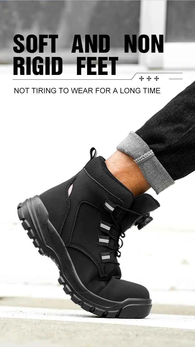 Leather Non Slip Work Boots for Men Rotating Button Safety Shoes Steel Toe Sneaker Male Puncture Proof Protective Boots