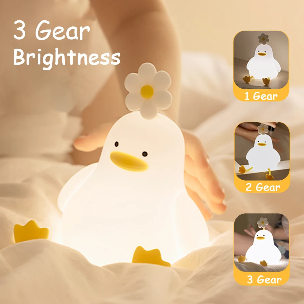 LED Night Light Cute Duck Cartoon Animals Silicone Lamp for Children Kid Touch Sensor Timing USB Rechargeable for Birthday Gifts
