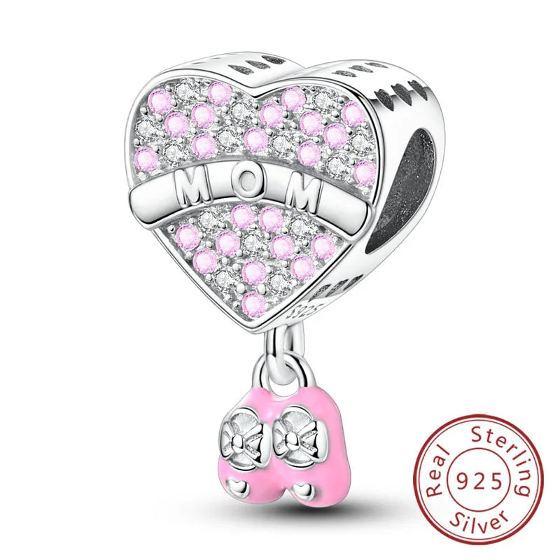 Original 925 Sterling Silver Charm Bead Mother's Day Love Heart Family Charm Bead Pendant Fits Bracelet Womens Jewelry Gifts