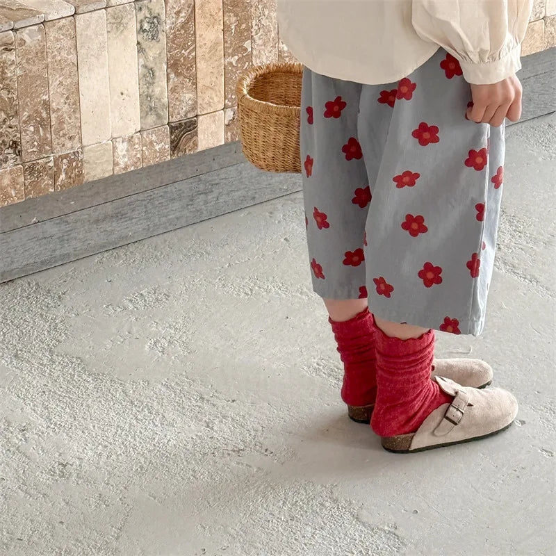 2026 Spring New Children Casual Pants Fashion Flower Print Girls Harem Pants Cotton Kids Loose Trousers Boys Cute Baby Clothes