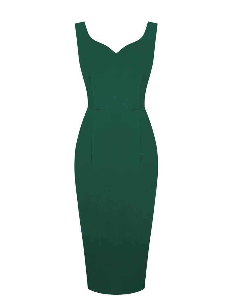 Tonval Sweetheart Neck Sleeveless Office Midi Pencil Dresses for Women 2023 Vintage Red Solid Elegant Slim Bodycon Dress