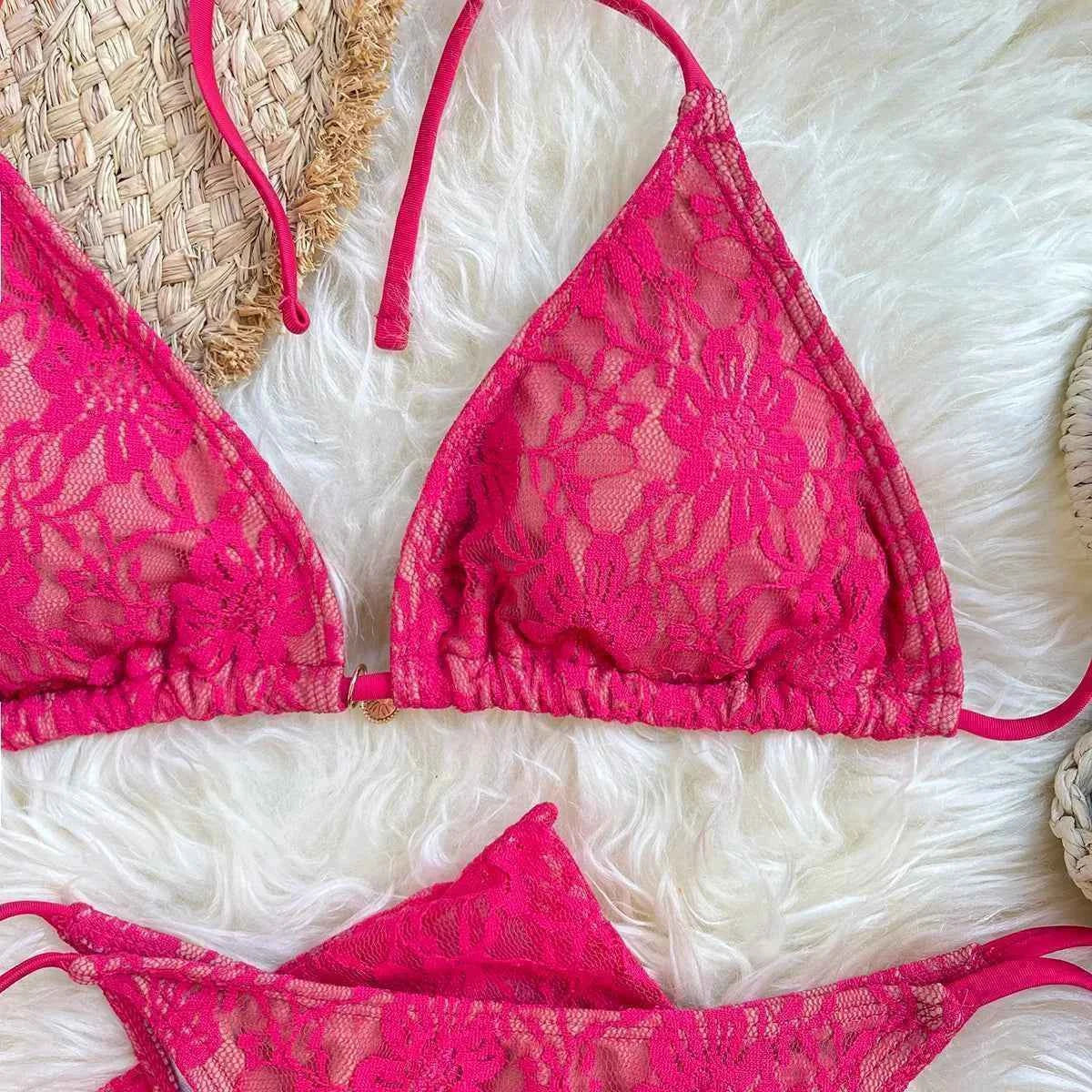Lace Fabric Three-pieces Swimsuit Set With Sarong Bikini Inspired Women's Swimwear Beachwear Bathing Suit Vacay Outfit Biquini