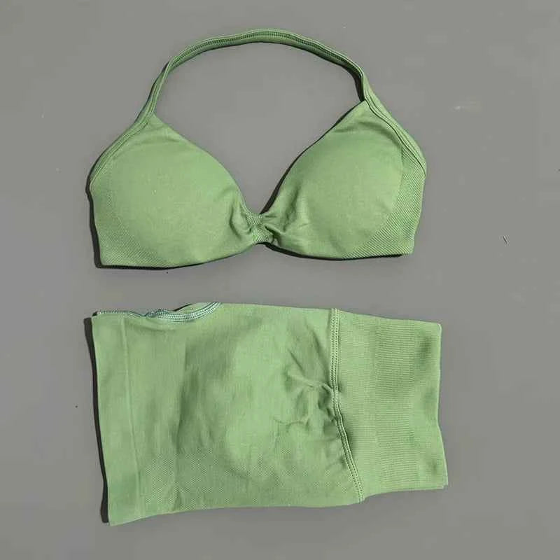 HISTELLO Gym Set 2 Piece Women Strappy Yoga Bra Top Workout Scrunch Shorts Sports Suit Fitness Clothes Seamless Yoga Set