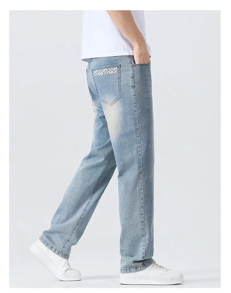 Men's Summer Thin Comfortable Jeans, Fashionable and Breathable Business Straight Pants, Loose Retro Casual Denim Trousers