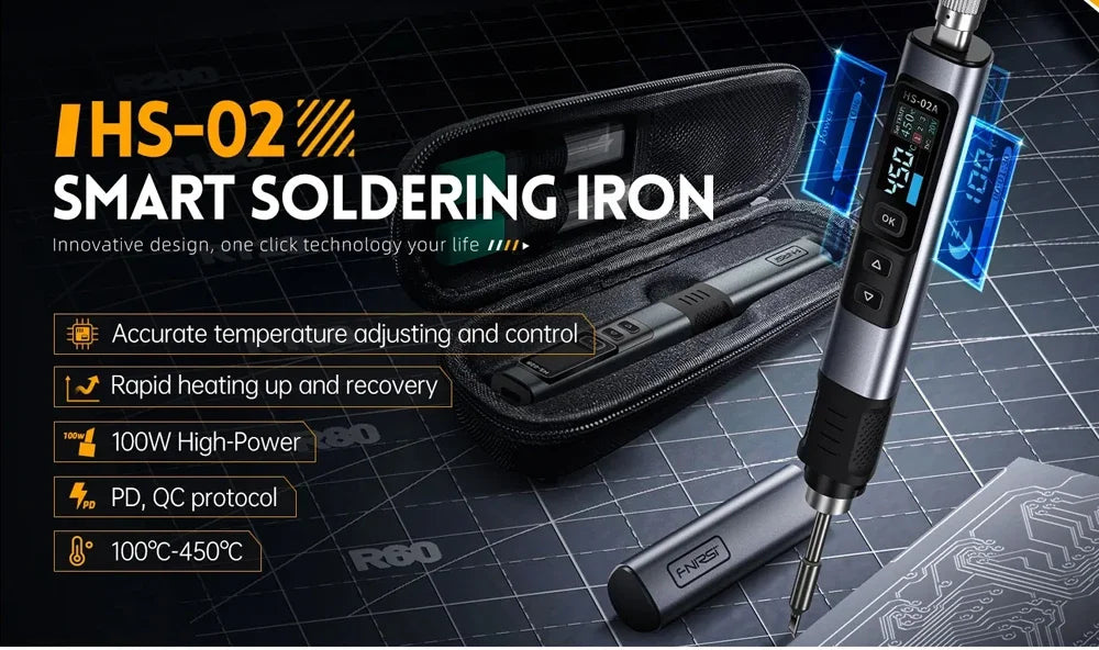 FNIRSI HS-02 Smart Electric Soldering Iron 100-450℃ Temp Adjustable PD 100W Portable Welding Rework Station Solding Irons Kit