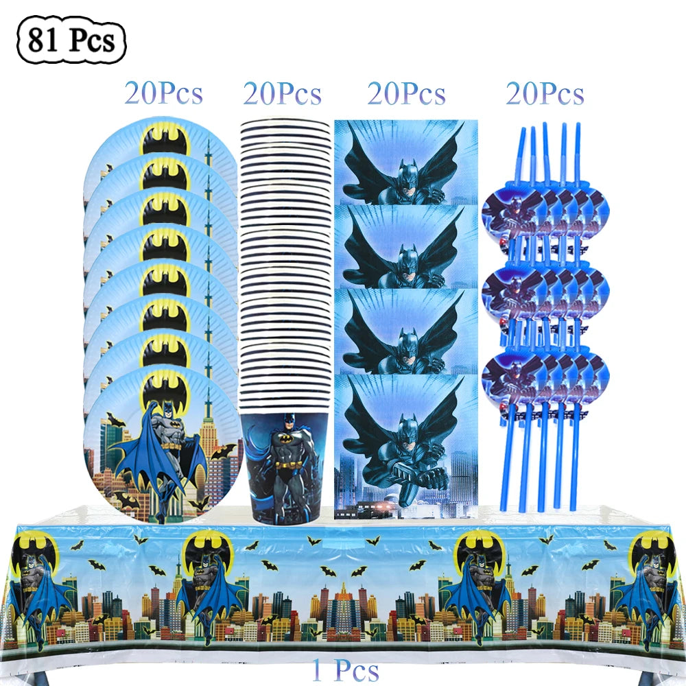 Party Tableware The Dark Hero Cartoon Boys Balloons Birthday Party Decoration Plate Cup Napkins Balloons Baby Shower Supplies