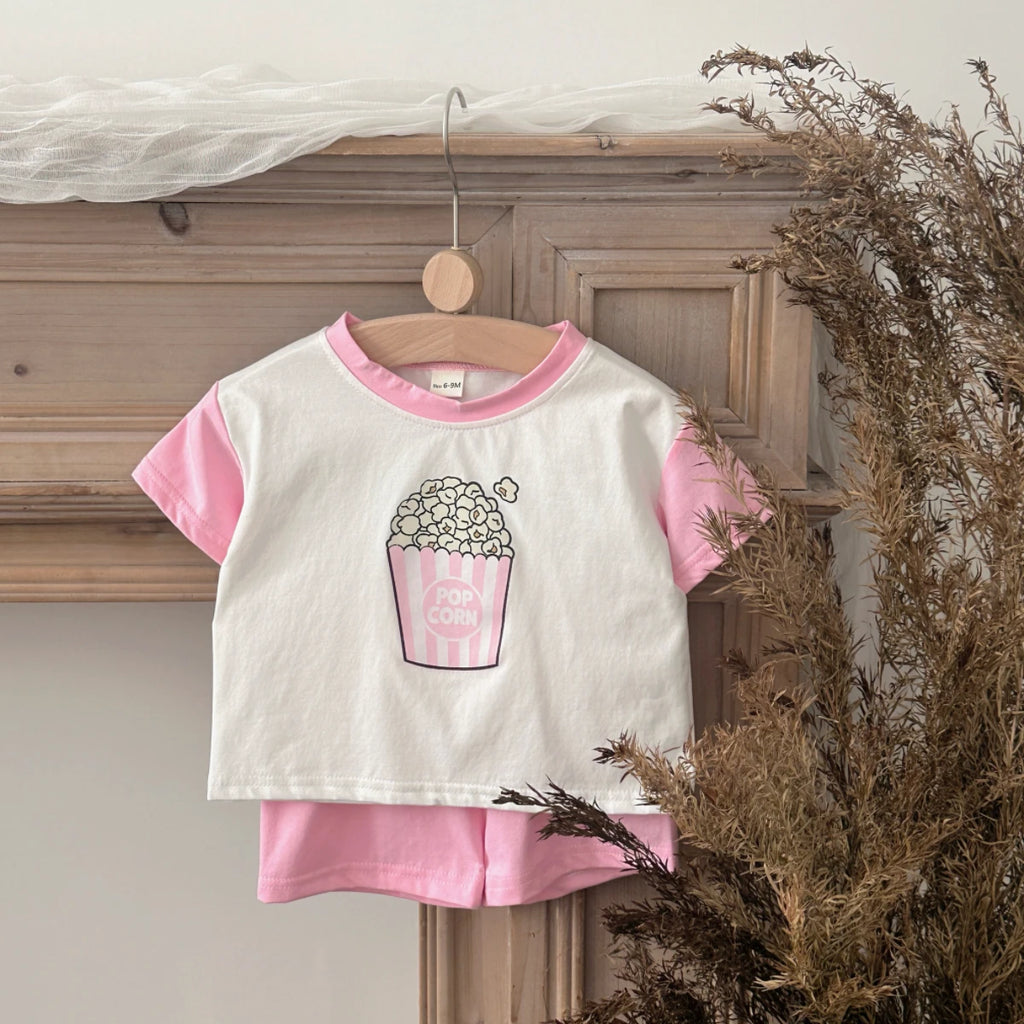 Infant 2PCS Summer Baby Girls Clothing Casual Newborn Set Cotton Popcorn Printed Short Sleeved T-shirt+Shorts