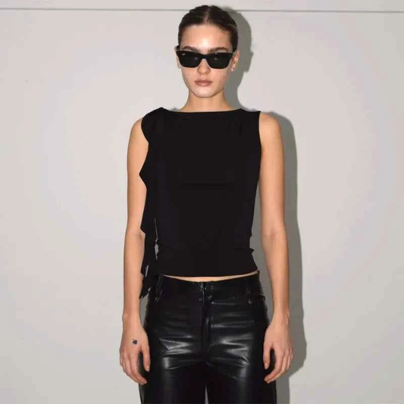 Summer Women'S Solid Color Vest Fluttering Tassel Sleeveless Slim Pullover Round Neck T-Shirt Casual Street Wear Y2K