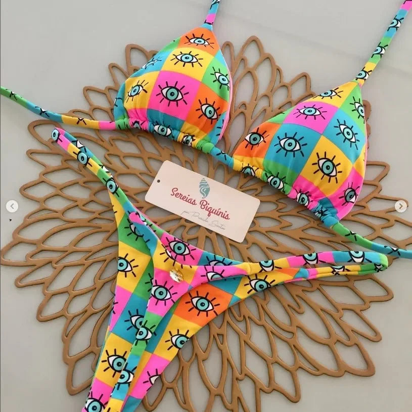 Print Sexy Bikini Sets Halter Lace-up Tops Thongs Beach Style Bathing Suit Y2k Swimsuits Women Beachwear Купальник Женский