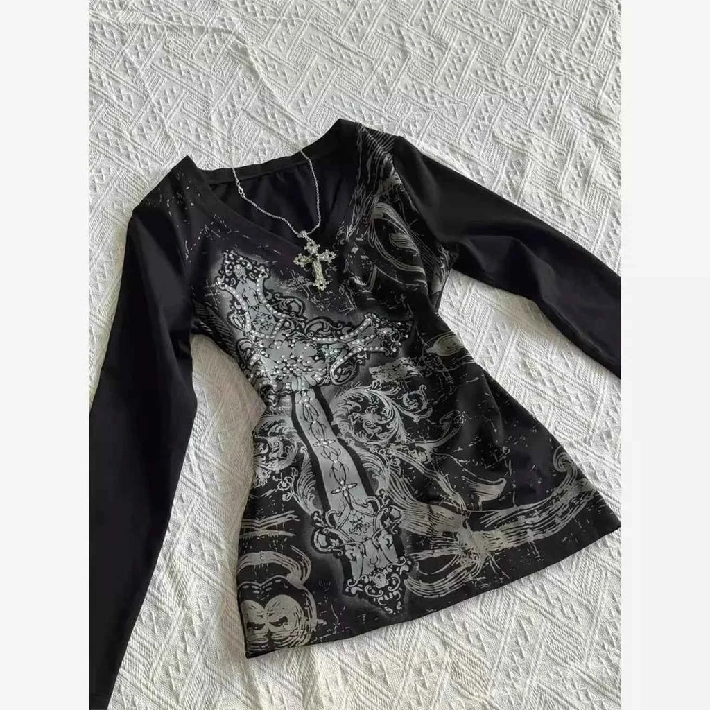 Retro Hip Hop Y2K T-Shirts Fashion Women Sexy Long Sleeve Gothic Vintage Punk Streetwear Tops Casual Slim Hot Girl Autumn Tees