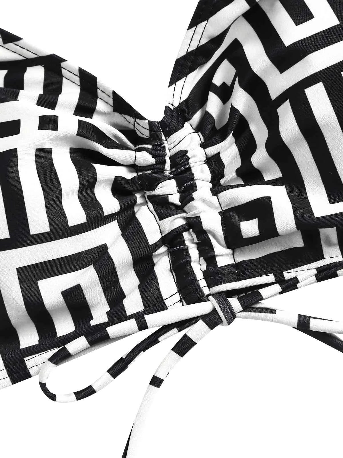 Women's Beach Summer Geometric Print Three-Piece Swimsuit Set with Long Sleeve Beach Cover-Up, Polyester Knit Fabric with Elasta