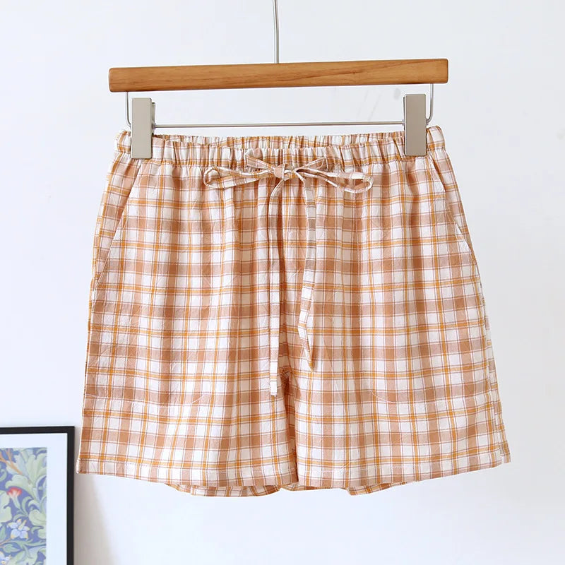 Summer Thin Loose Fit Women's Home Shorts Cotton Plaid Design Multi Colors Sleepwear Beach and Casual Wear Short Pants